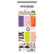 Pipsticks "A Boo-tiful Entrance" sticker sheet featuring illustrations of front doors and transom windows with entryway Halloween decorations, such as banners, string lights, and wreaths. Create your own sticker scene!