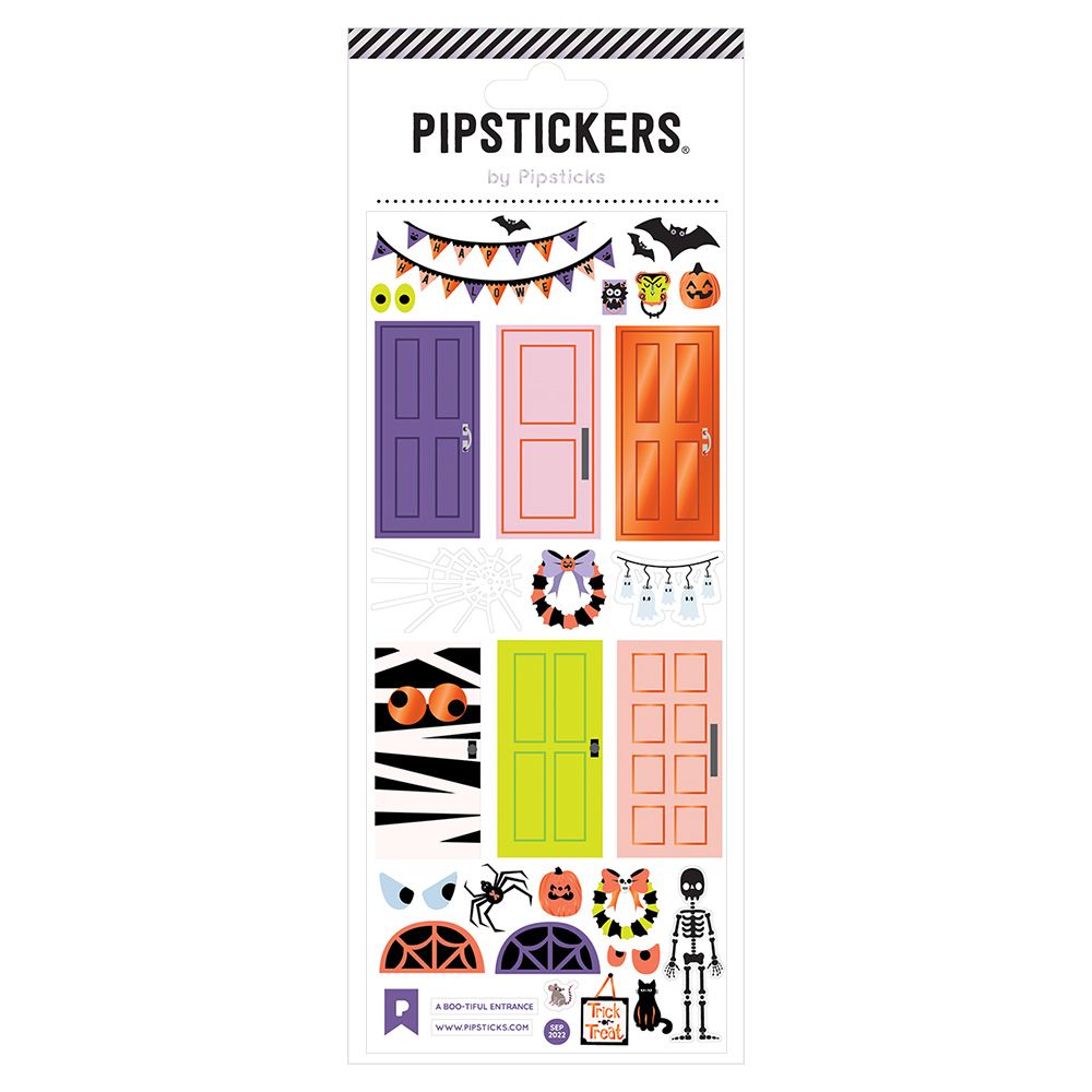 Pipsticks "A Boo-tiful Entrance" sticker sheet featuring illustrations of front doors and transom windows with entryway Halloween decorations, such as banners, string lights, and wreaths. Create your own sticker scene!