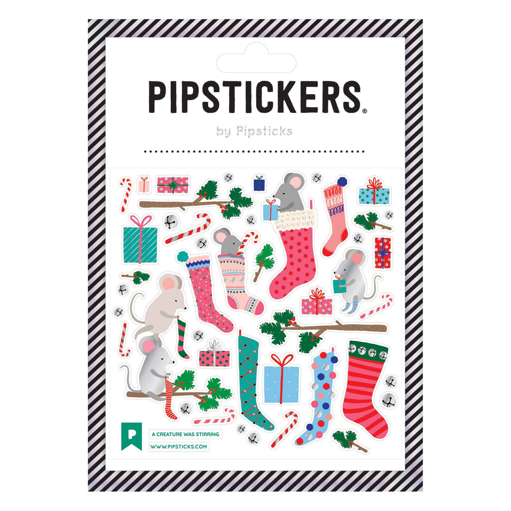 Pipsticks sticker sheet featuring illustrations of mice with Christmas stockings, gifts, bells, candy canes, and tree branches.