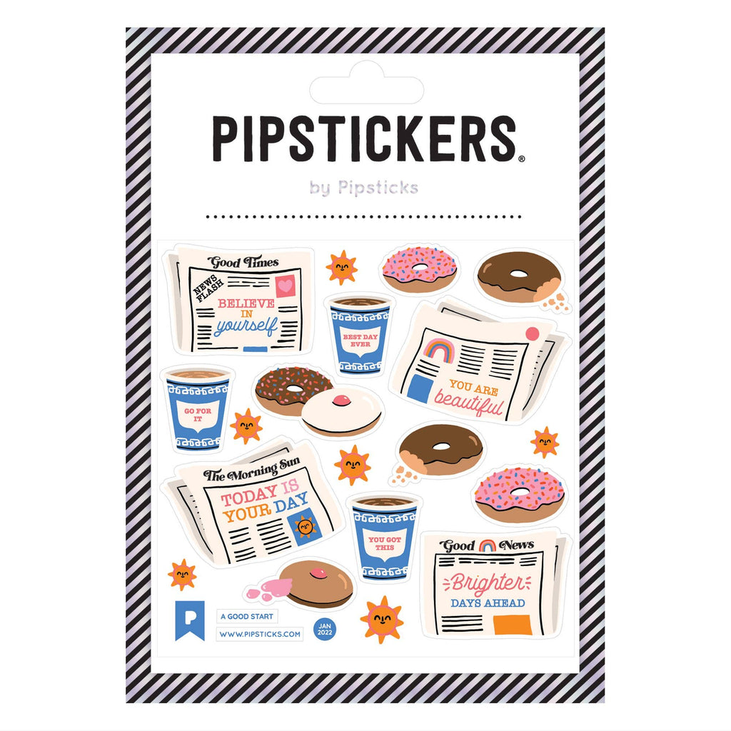 Pipsticks "A Good Start" sticker sheet featuring illustrations of donuts, to-go coffee cups from New York City, newspapers with inspiring messages, and tiny smiling suns. 