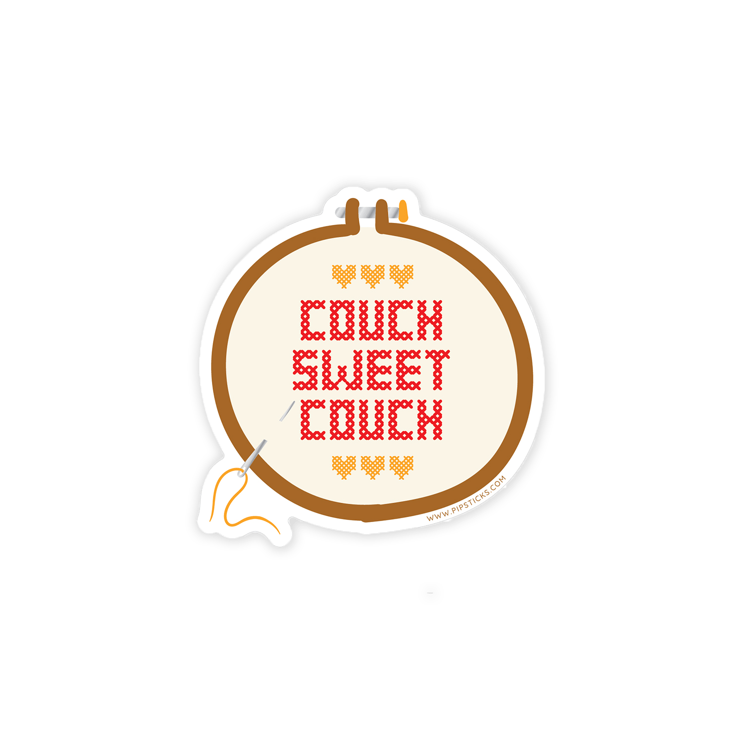 Vinyl sticker of embroidery hoop illustration with 'Couch Sweet Couch' cross-stitch pattern. Brown hoop, beige fabric, red thread text, yellow thread hearts, needle with yellow thread.