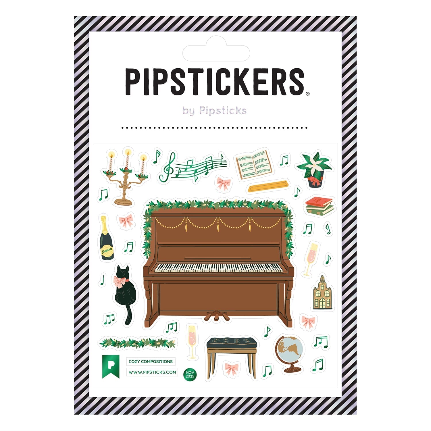 Build your own sticker scene sticker sheet design with a central piano illustration and accessories. Brown piano with green garland, gold bead string, music notes, books, candelabra, potted poinsettia, bows, black cat, champagne bottle and glasses, piano stool, globe.